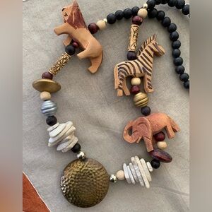 African Safari Wood Carved Animals Brass Medallion Vintage Necklace